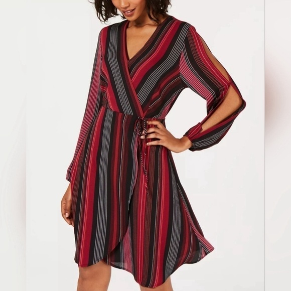 MONTEAU Women’s Long Sleeve Midi Faux Wrap Dress‎ Cold Shoulders Stripes Small - Picture 1 of 13